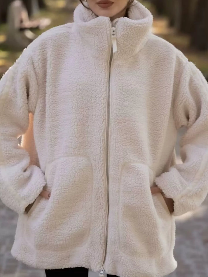 Stand collar full zip drawcord hem in off white, front view 2
