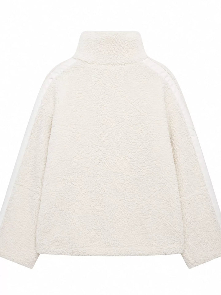Stand collar full zip drawcord hem in off white-ribbed, back view
