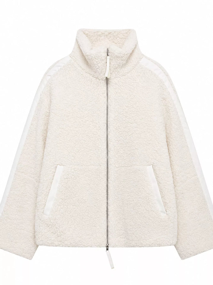 Stand collar full zip drawcord hem in off white-ribbed, front view