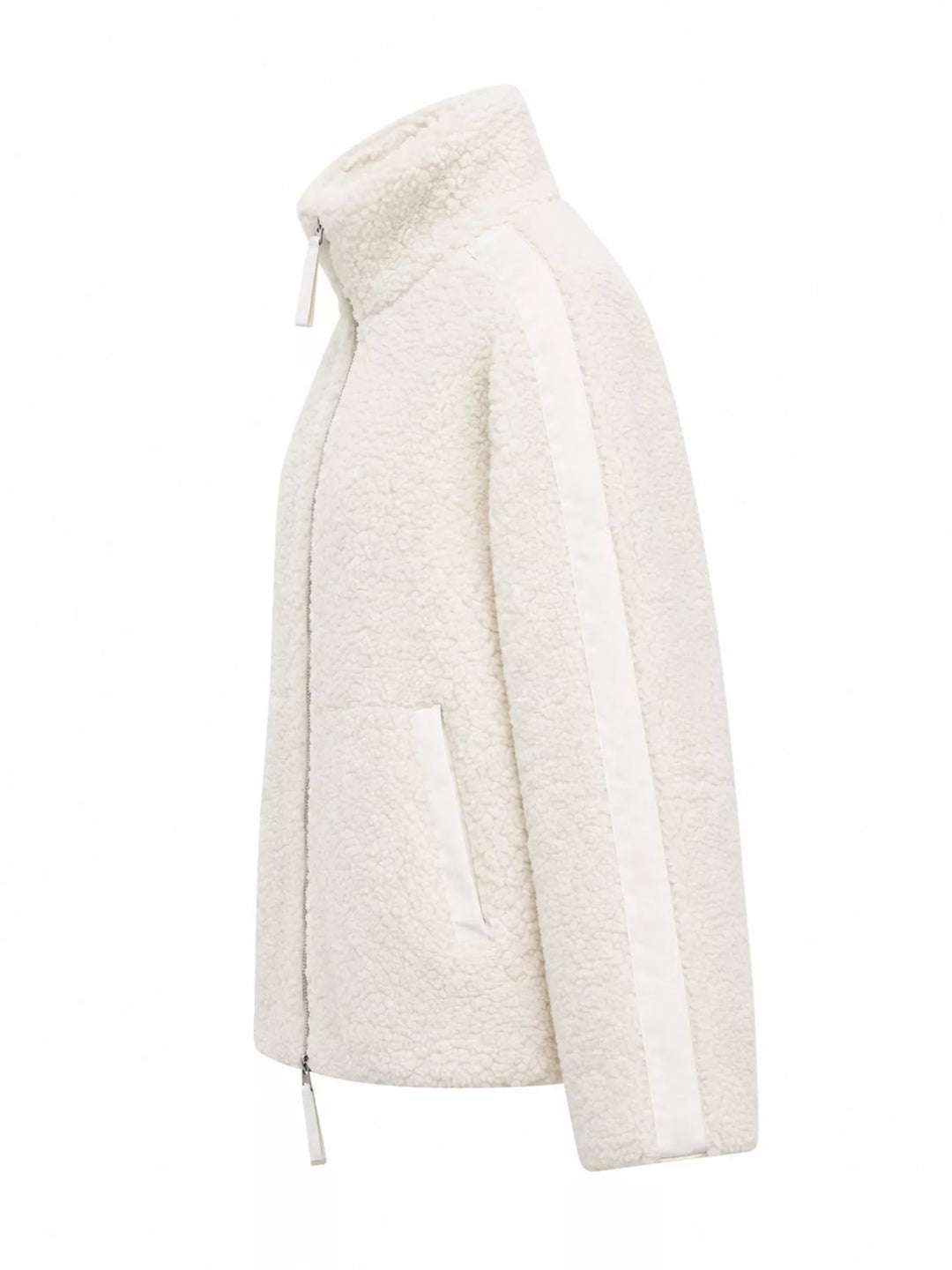 Stand collar full zip drawcord hem in off white-ribbed, styled on model
