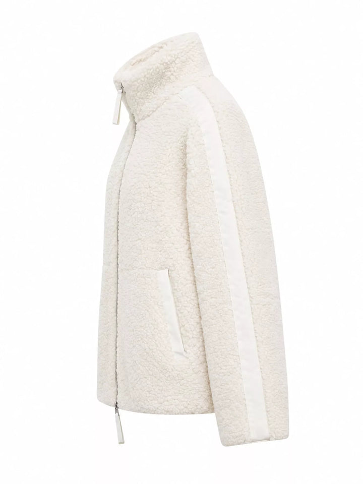 Stand collar full zip drawcord hem in off white-ribbed, styled on model