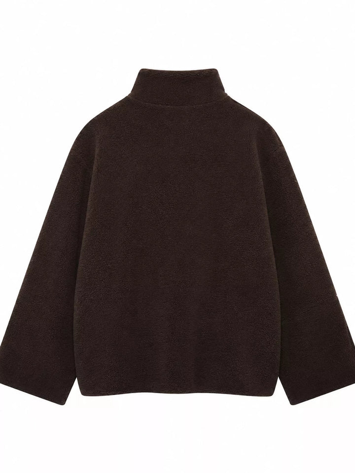 Stand collar full zip drawcord hem in reddish brown, back view