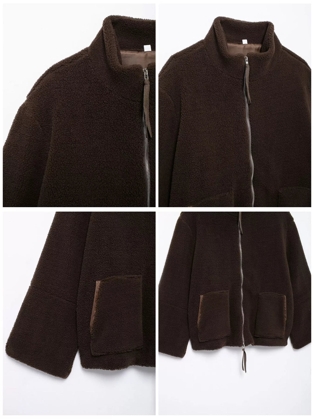 Stand collar full zip drawcord hem in reddish brown, close-up detail