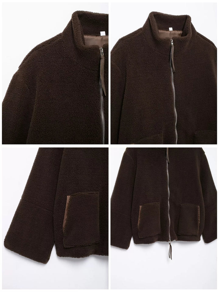 Stand collar full zip drawcord hem in reddish brown, close-up detail