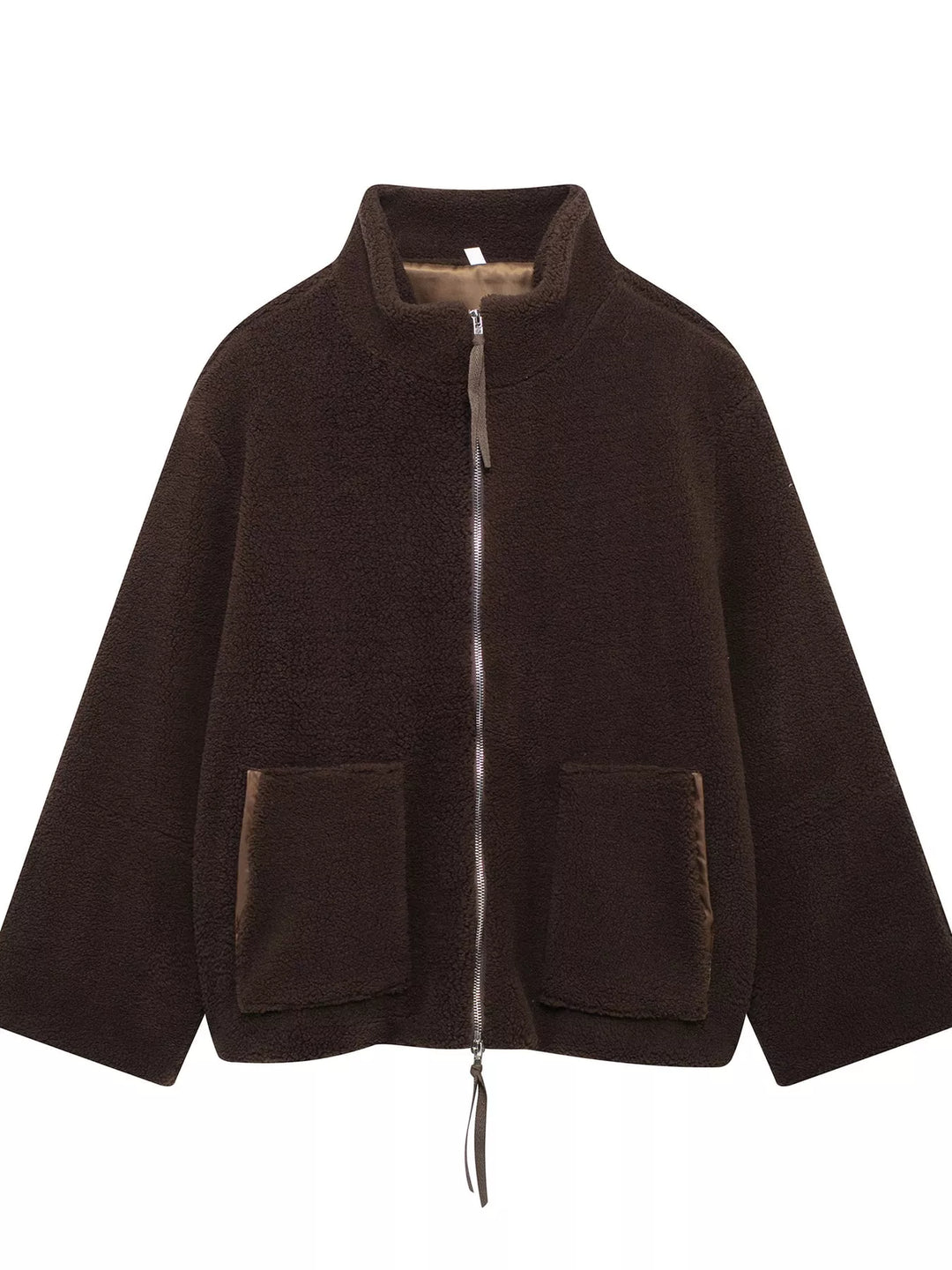 Stand collar full zip drawcord hem in reddish brown, front view 2