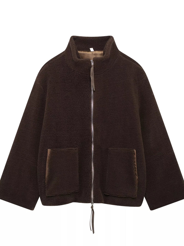 Stand collar full zip drawcord hem in reddish brown, front view 2