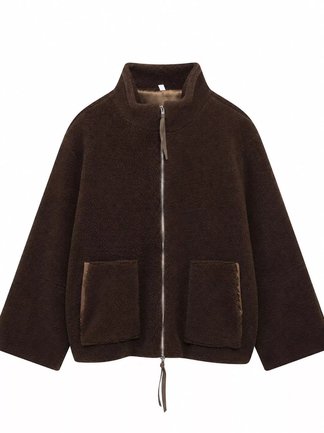Stand collar full zip drawcord hem in reddish brown, front view