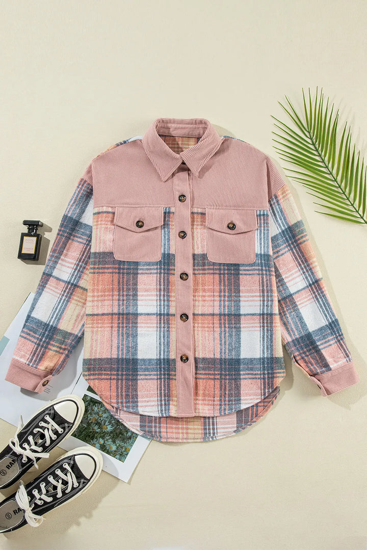 Flat lay of the blush plaid button up shacket with two chest pockets