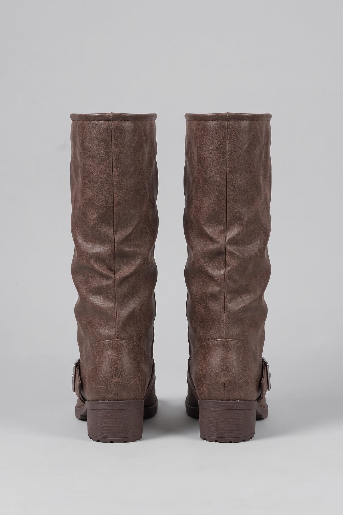 Women's Slouch Knee-High Boots | Buckle — Brown — shoe_back — on model