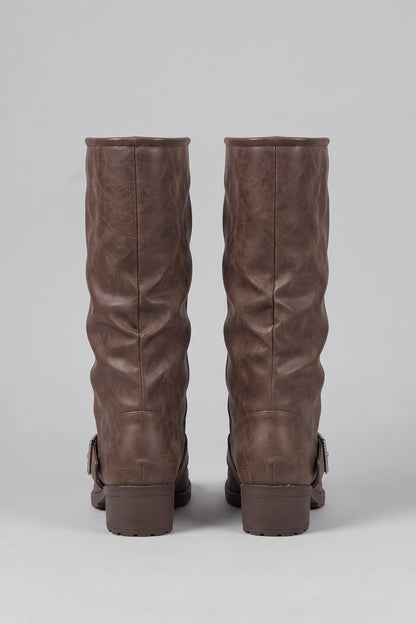 Women's Slouch Knee-High Boots | Buckle — Brown — shoe_back — on model