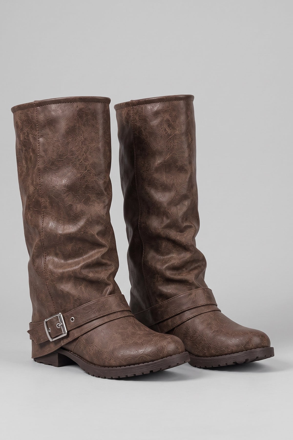 Women's Slouch Knee-High Boots | Buckle — Brown — shoe_main — on model