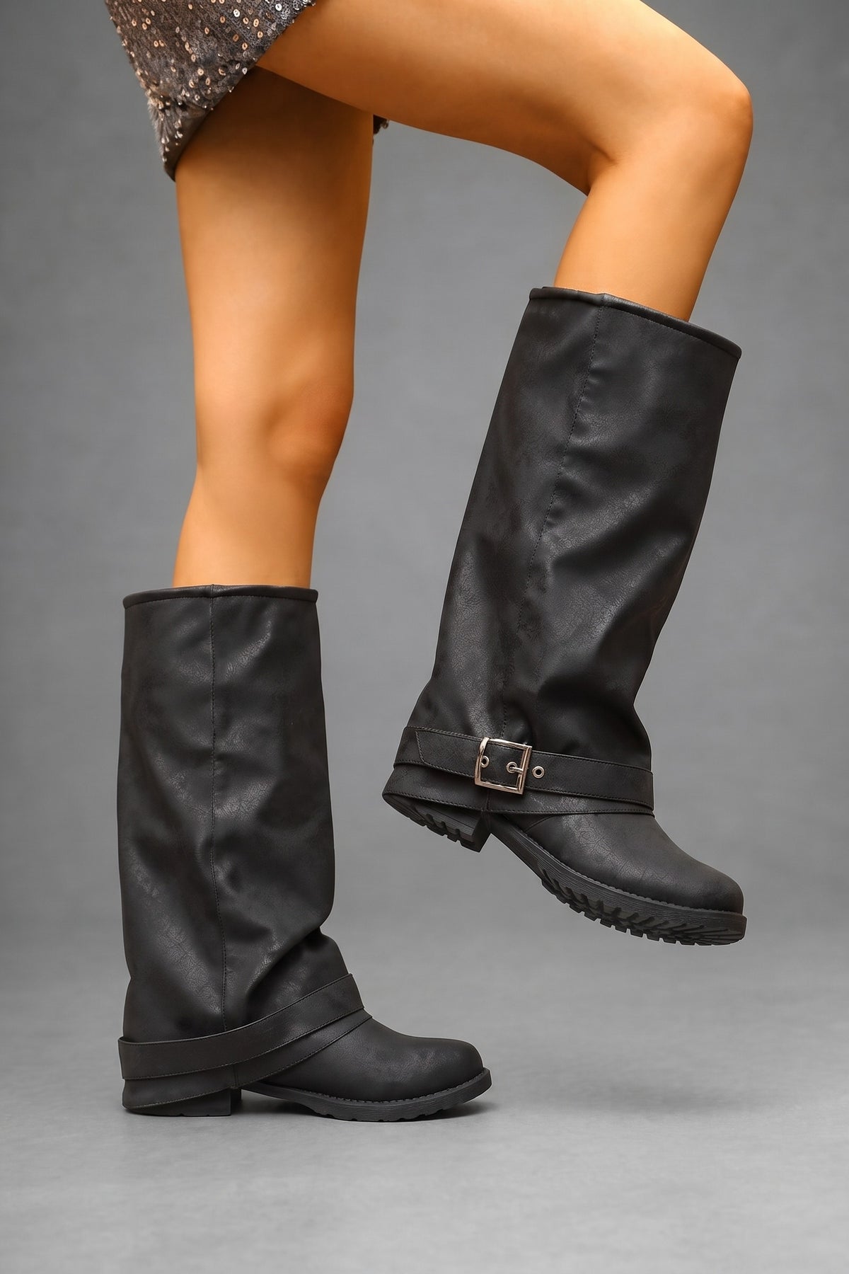 Women's Slouchy Boots | Buckle Strap — Black — shoe_main — on model
