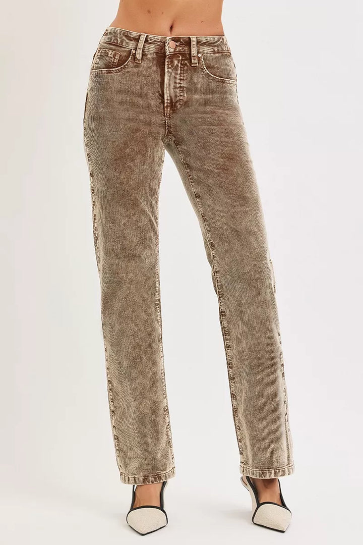 Mocha acid wash straight leg pants front view with pointed slingback heels