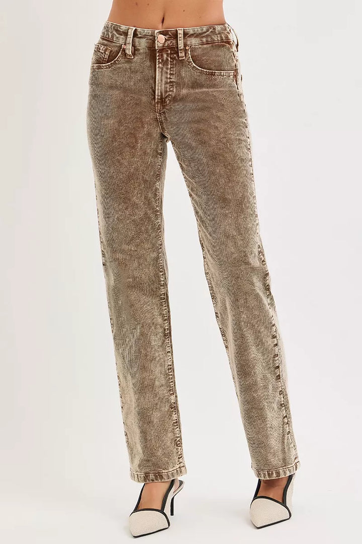 Women's straight leg pants in mocha acid wash, mid rise with button fly, front view