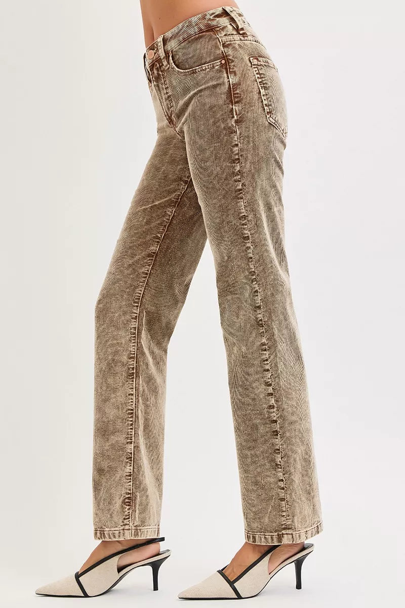 Side view of mid rise mocha straight leg pants with slingback heels