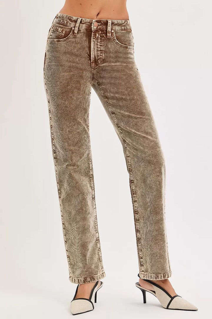 Mocha straight leg pants angled view showing the acid wash texture
