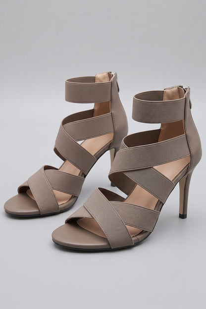 Women's Strappy Heeled Sandals | Open Toe — Taupe — shoe_main — on model