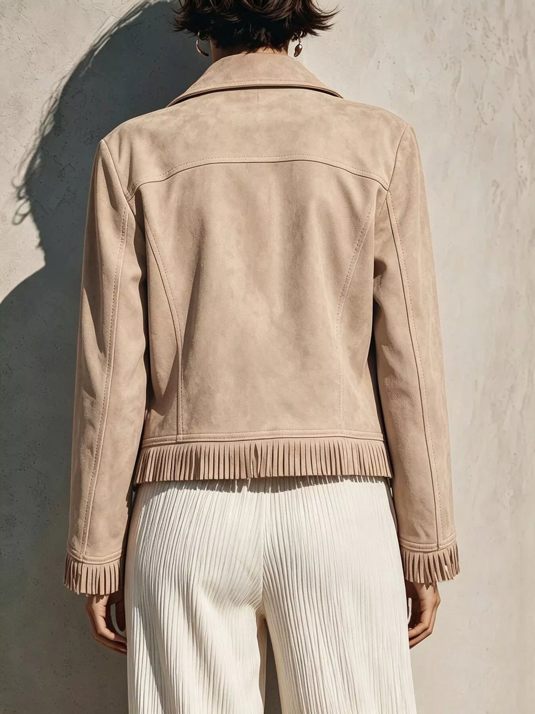Cropped moto fringe hem asymmetric zip in apricot, back view