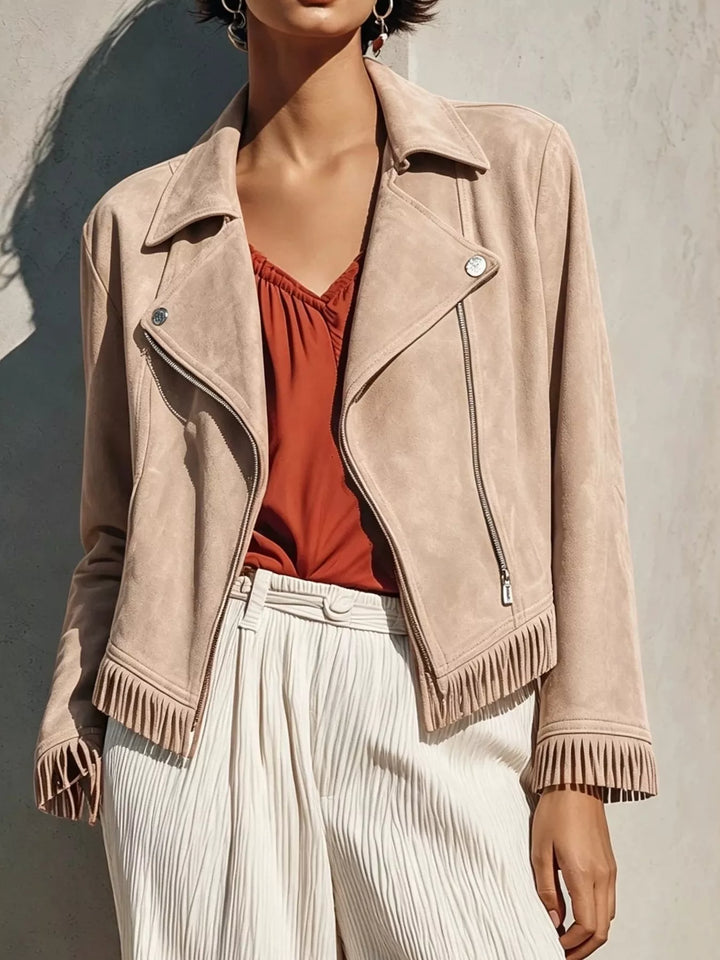 Cropped moto fringe hem asymmetric zip in apricot, front view
