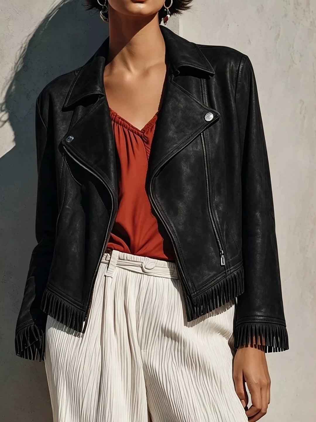 Women's suede-look jacket in black, cropped moto fringe hem asymmetric zip
