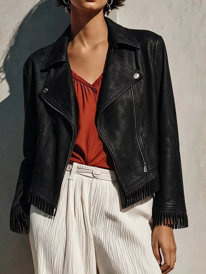 Women's suede-look jacket in black, cropped moto fringe hem asymmetric zip