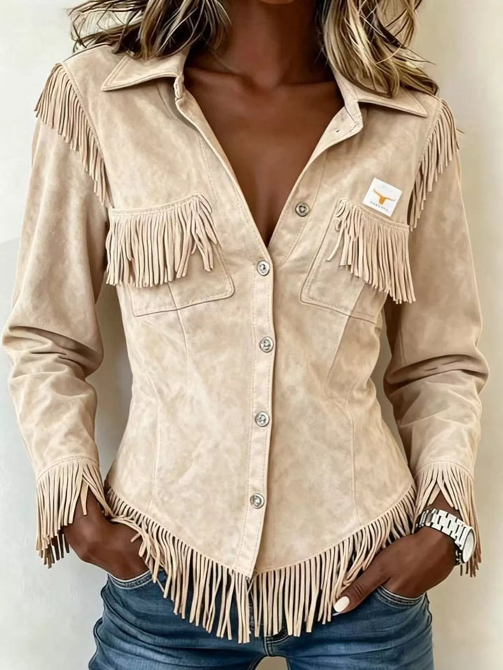 Women's suede-look jacket in beige, fringe trim snap front cropped