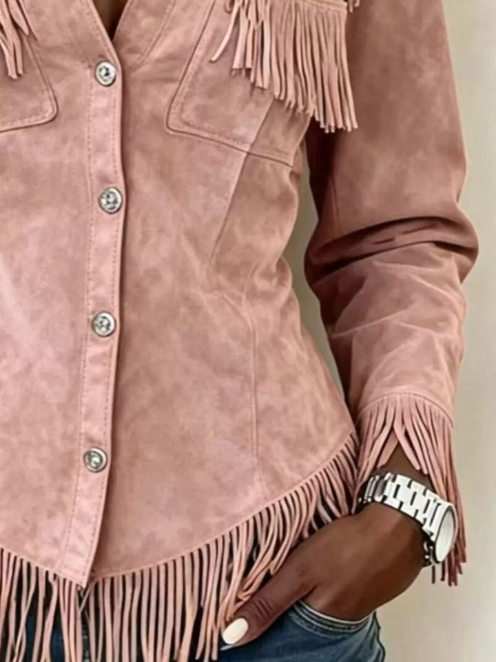 Fringe trim snap front cropped in dusty pink, close-up detail 2