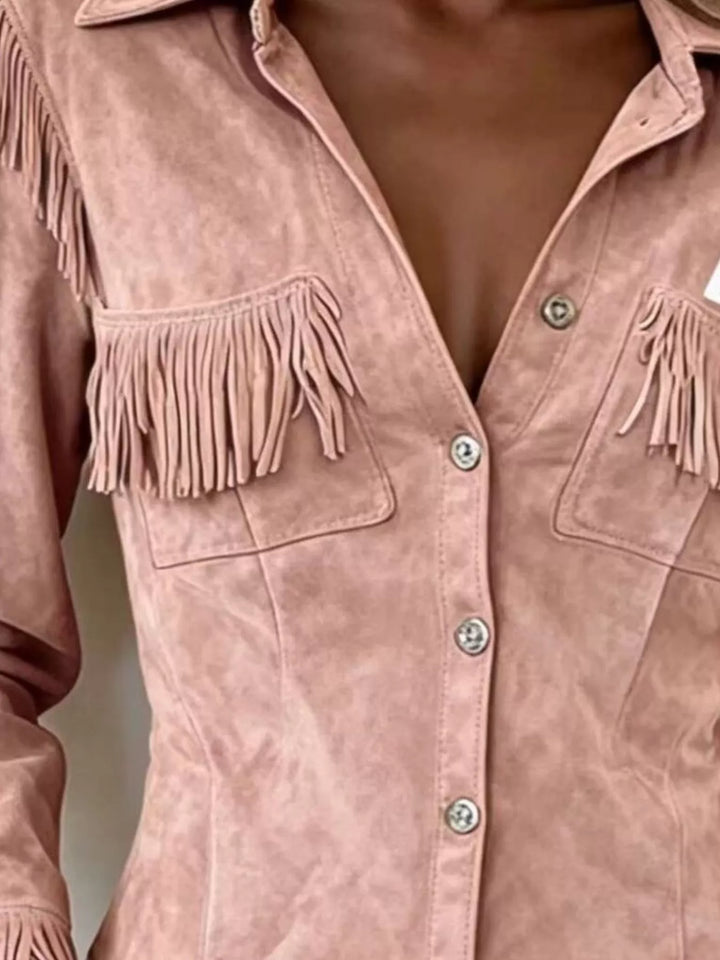 Fringe trim snap front cropped in dusty pink, close-up detail