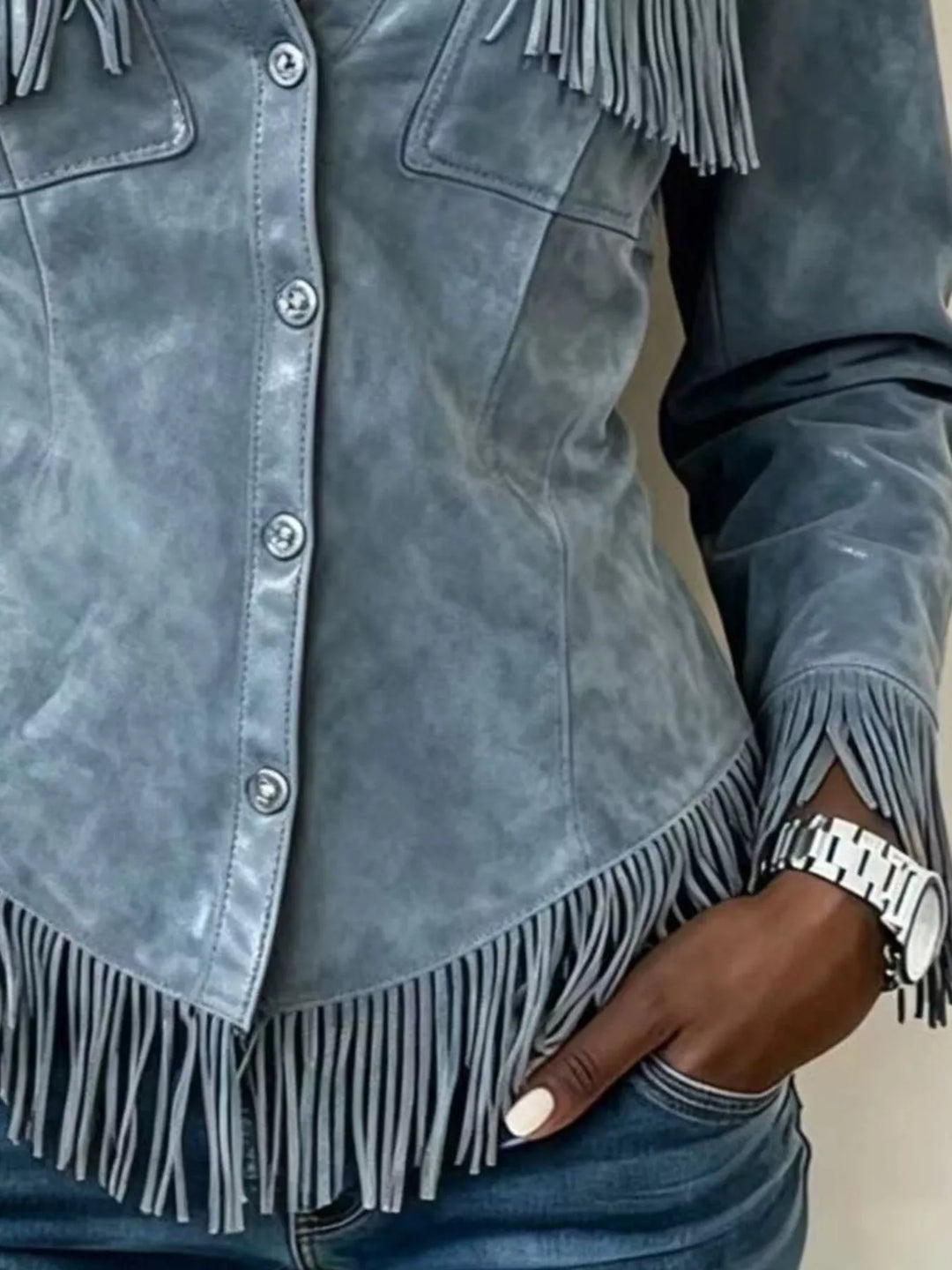 Fringe trim snap front cropped in light blue, close-up detail 2