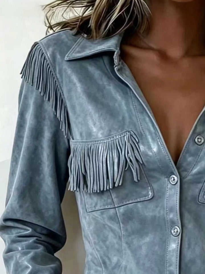 Fringe trim snap front cropped in light blue, close-up detail