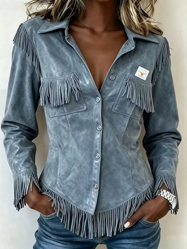 Fringe trim snap front cropped in light blue, front view