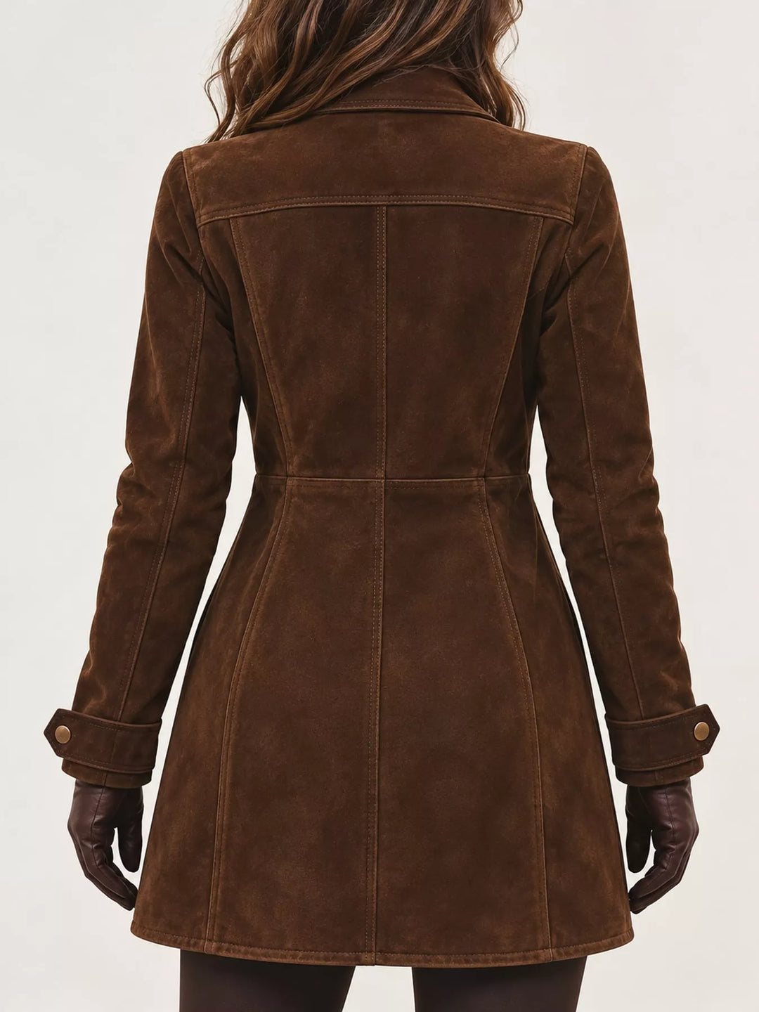 Longline button front chest pockets in dark brown, back view