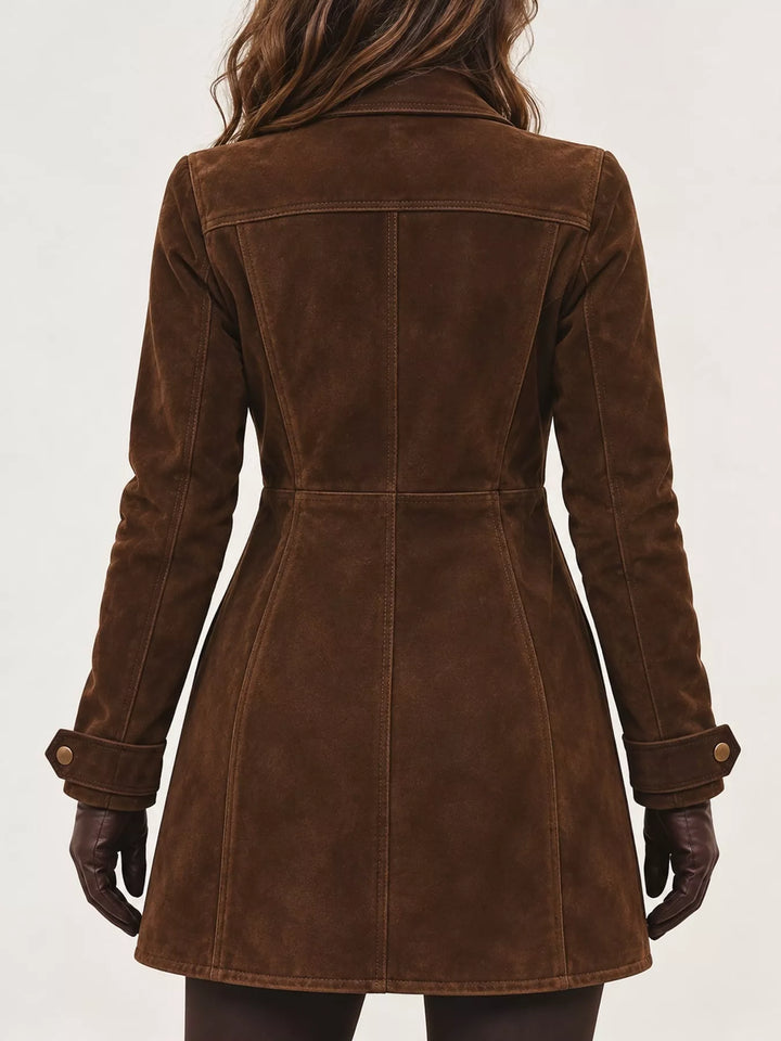 Longline button front chest pockets in dark brown, back view