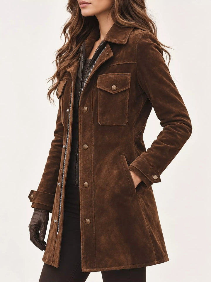 Women's suede-look jacket in dark brown, longline button front chest pockets