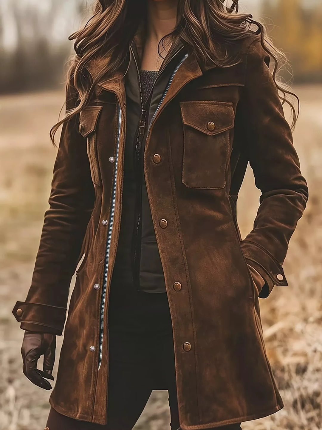 Longline button front chest pockets in dark brown, styled on model