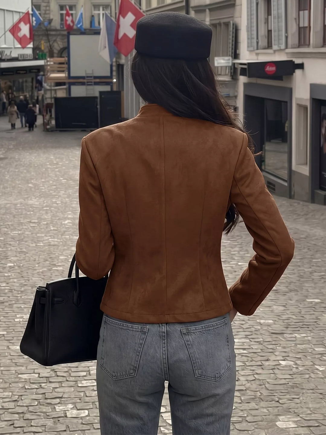 Military stand collar double buttons in coffee brown, back view