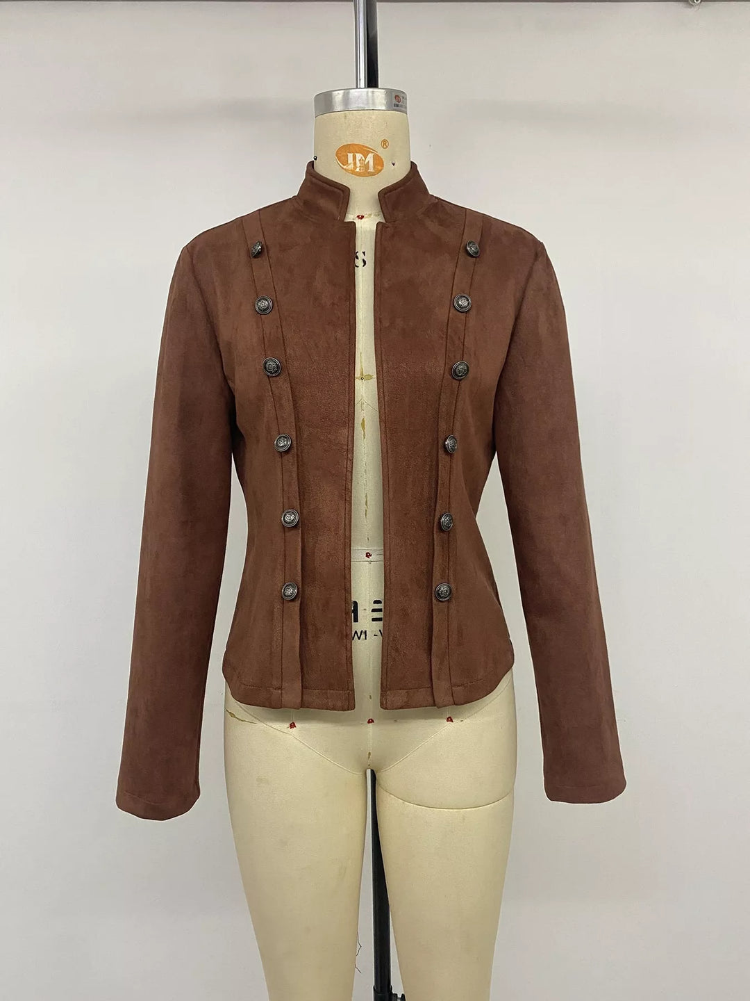 Military stand collar double buttons in coffee brown, front view 3