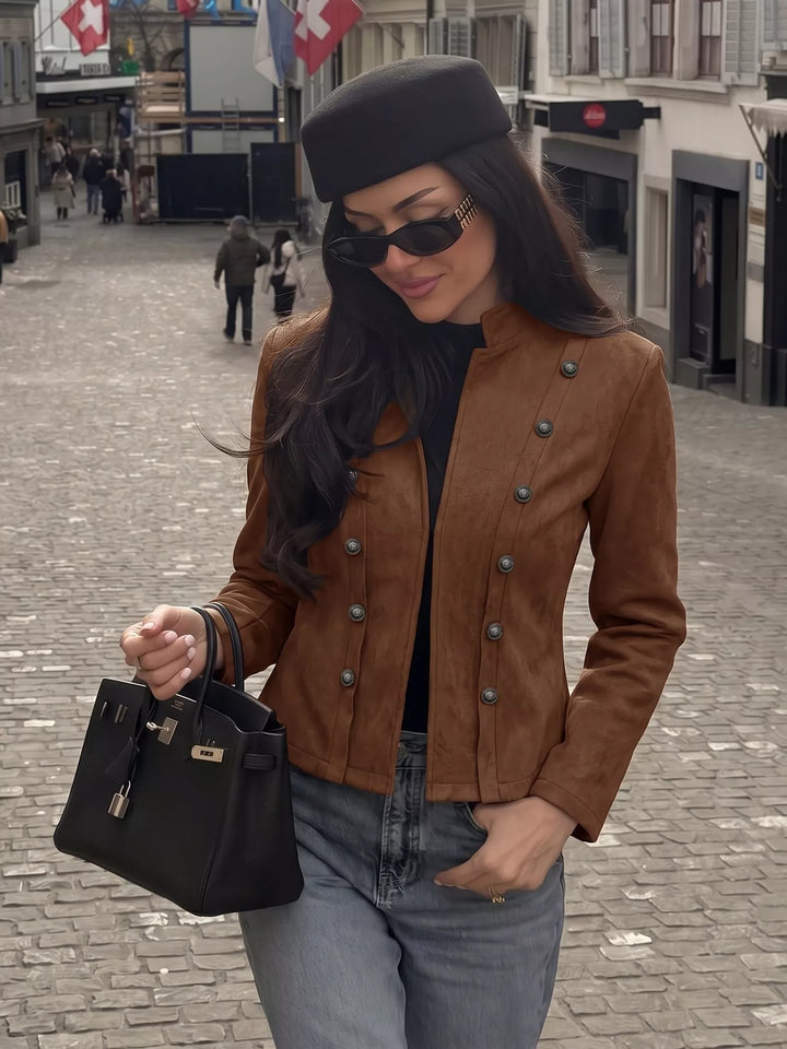 Military stand collar double buttons in coffee brown, styled on model 2