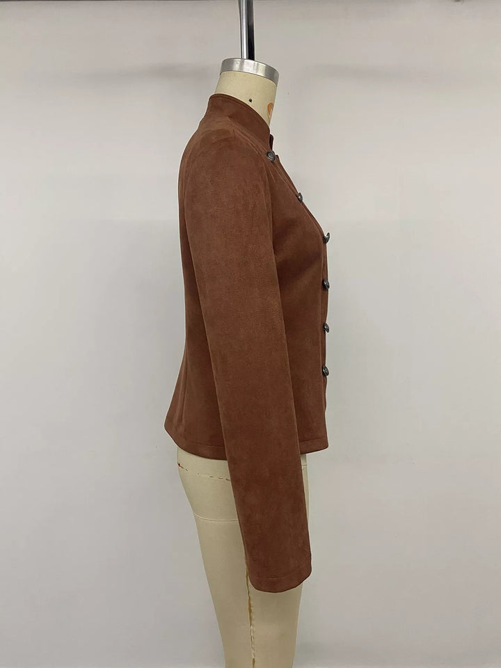 Military stand collar double buttons in coffee brown, styled on model 3