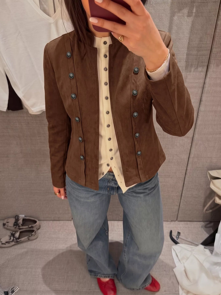 Military stand collar double buttons in coffee brown, styled on model