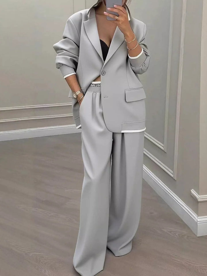 Women's suit in gray, oversized one button blazer and wide leg pants