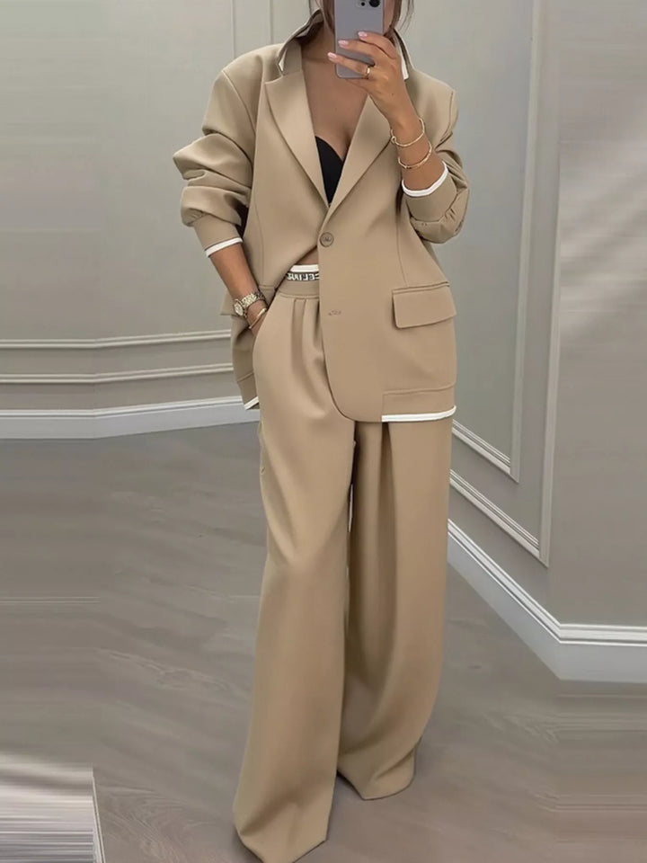 Oversized one button blazer and wide leg pants in khaki, front view
