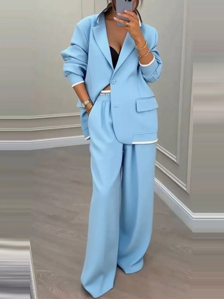 Oversized one button blazer and wide leg pants in sky blue, front view