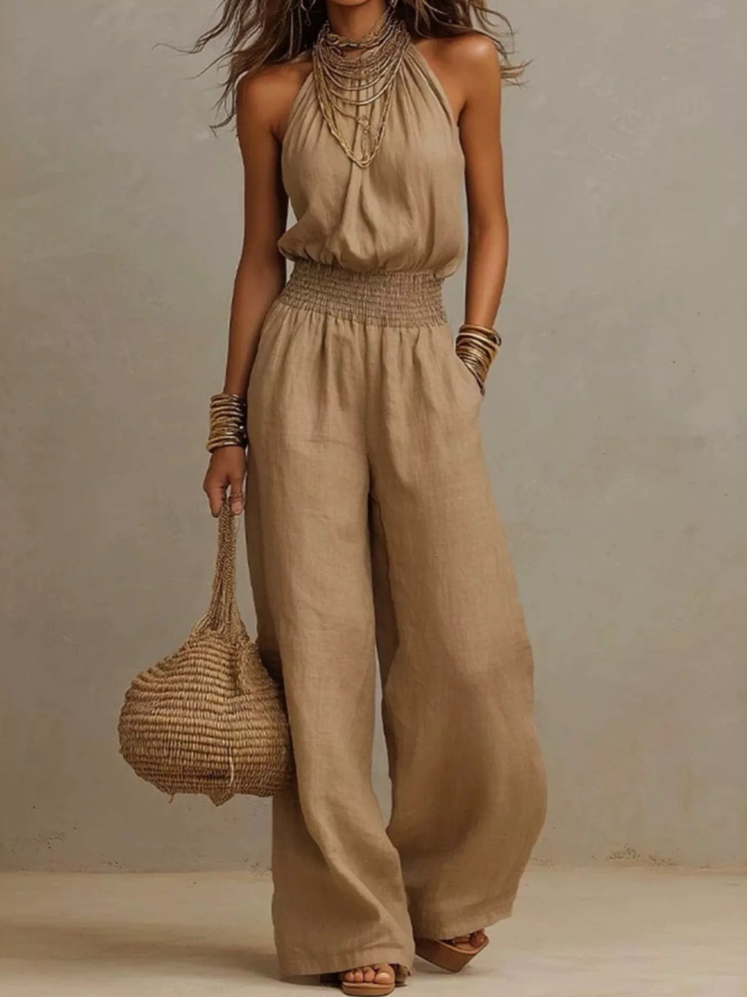 Tan halter neck wide leg jumpsuit shown full length with a straw bag