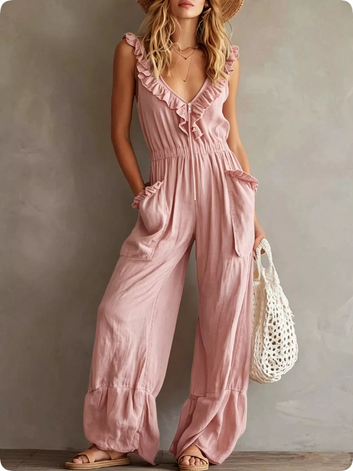 Blush pink ruffled V neck jumpsuit, wide leg full length view