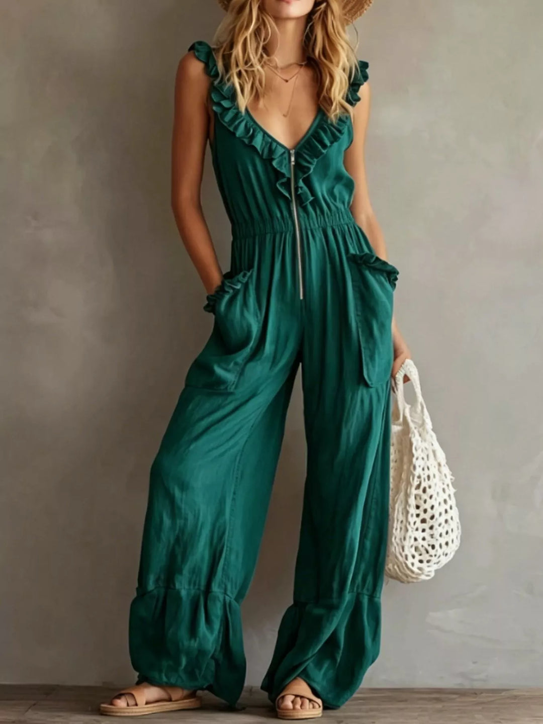 Emerald green sleeveless jumpsuit with ruffled neckline, wide leg front view