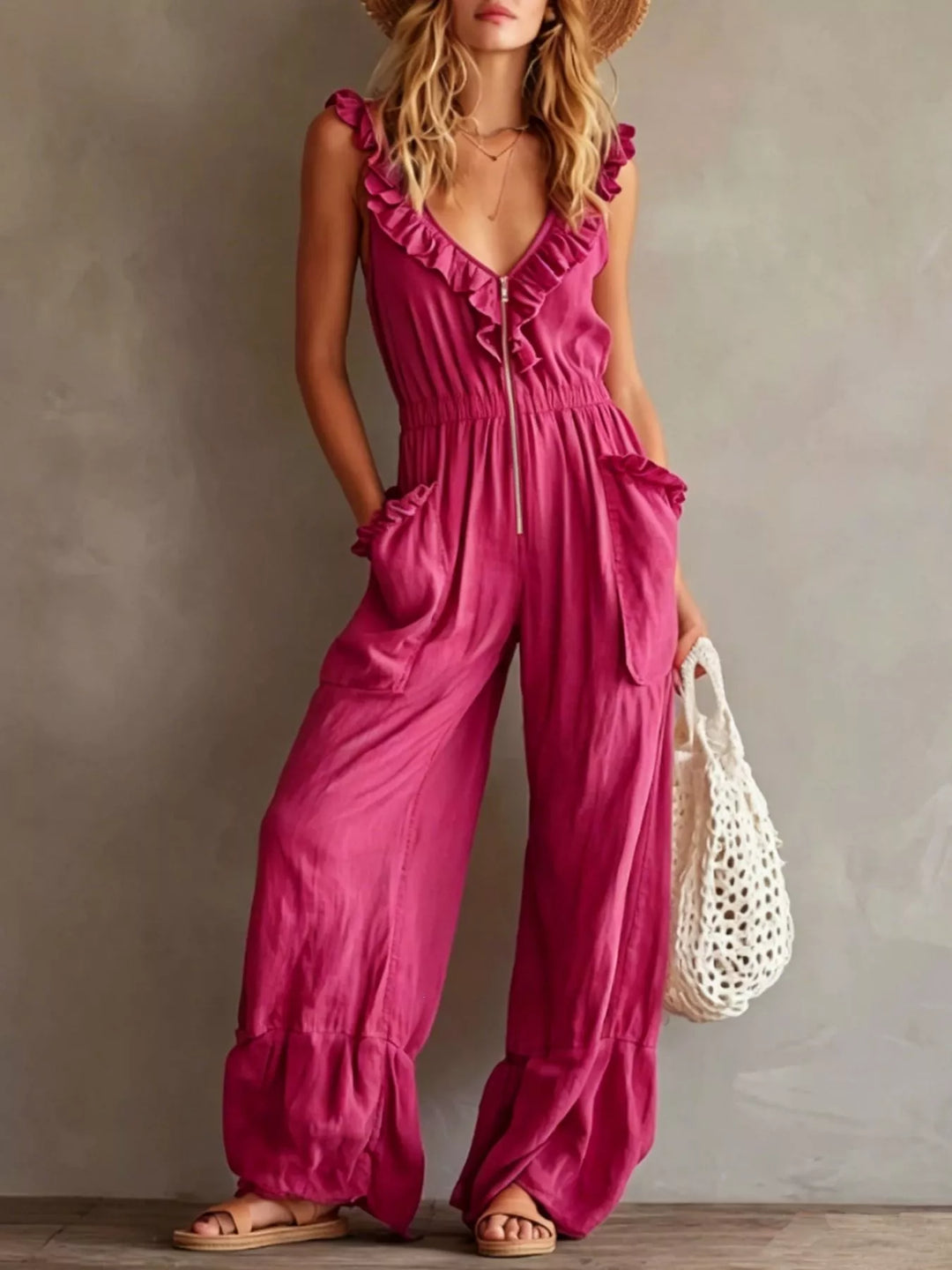 Fuchsia sleeveless jumpsuit with ruffle V neck and wide legs, front view