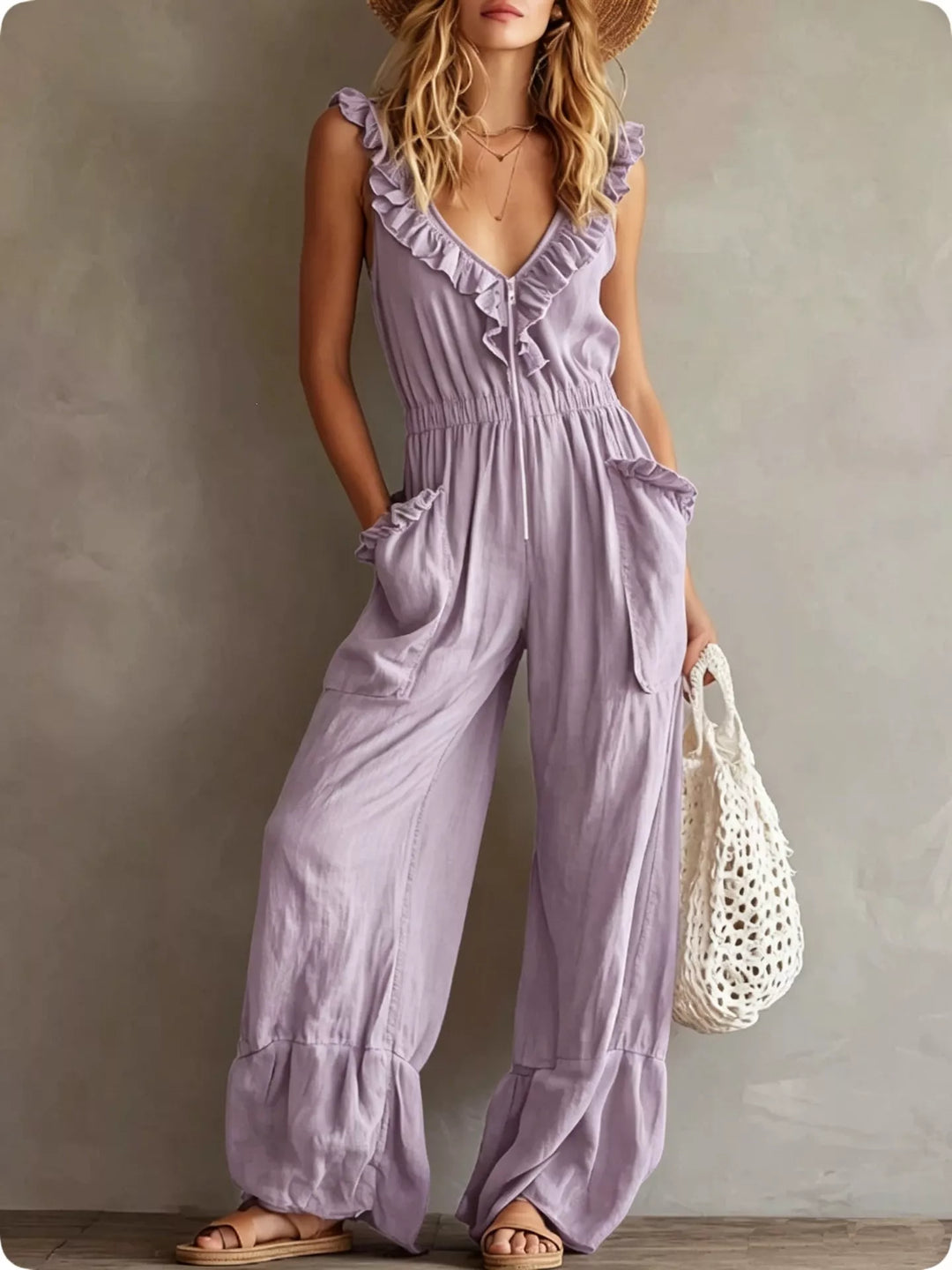 Lavender sleeveless wide leg jumpsuit with ruffle V neck, front view with a net bag