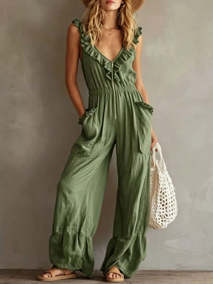 Olive ruffle V neck jumpsuit with wide legs and side pockets, full length