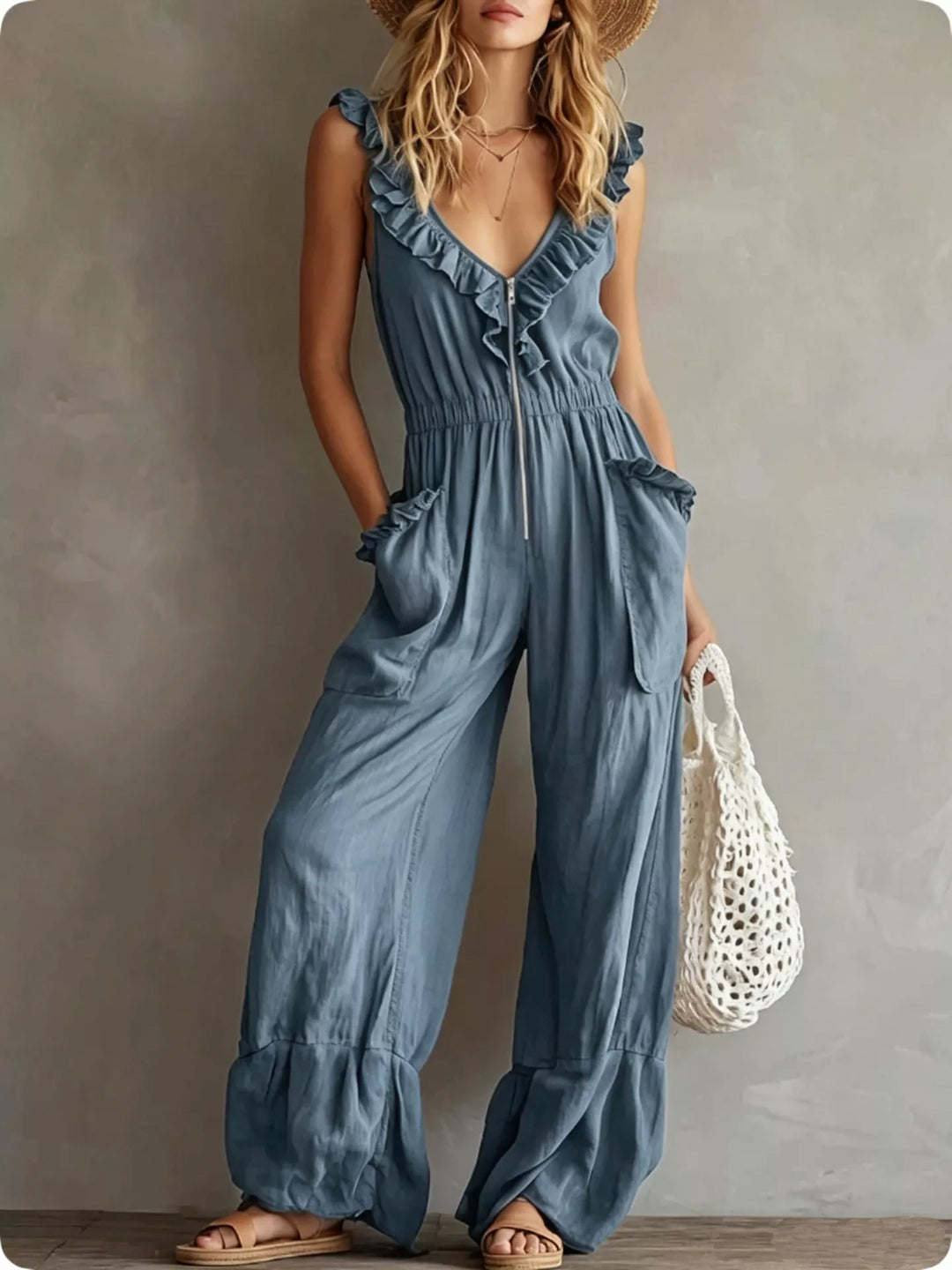 Steel blue sleeveless wide leg jumpsuit with ruffled neckline, front view